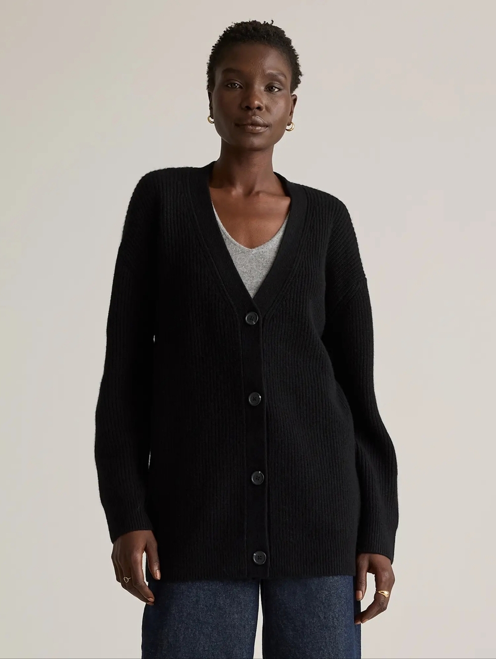 Quince Mongolian Cashmere Oversized Boyfriend Cardigan Sweater Black Size Xlarge
